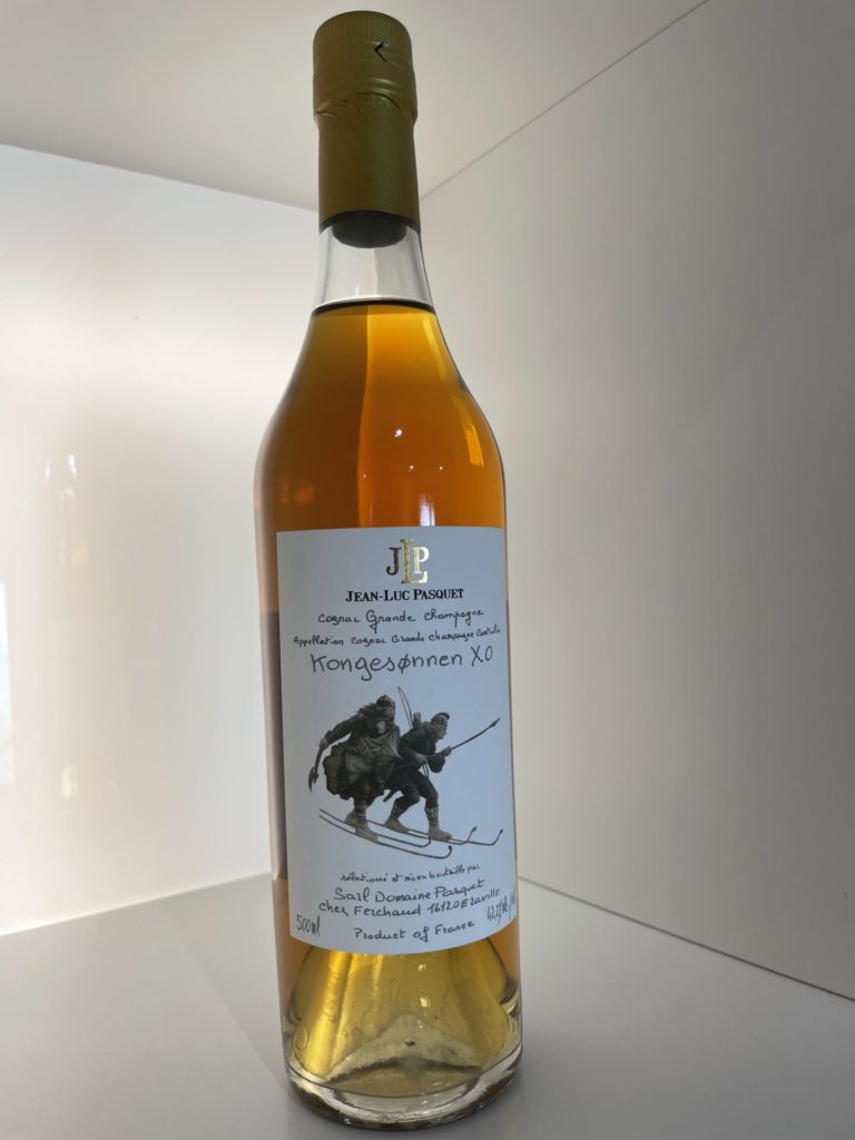 label of the cognac JL Pasquet Grande Champagne tribute to the bierkener warriors protecting the young prince Haakon